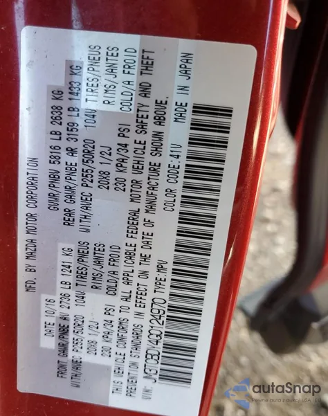 2016 Mazda Cx-9 Grand Touring z USA, uszkodzony, nr VIN JM3TCBDY4G0124970